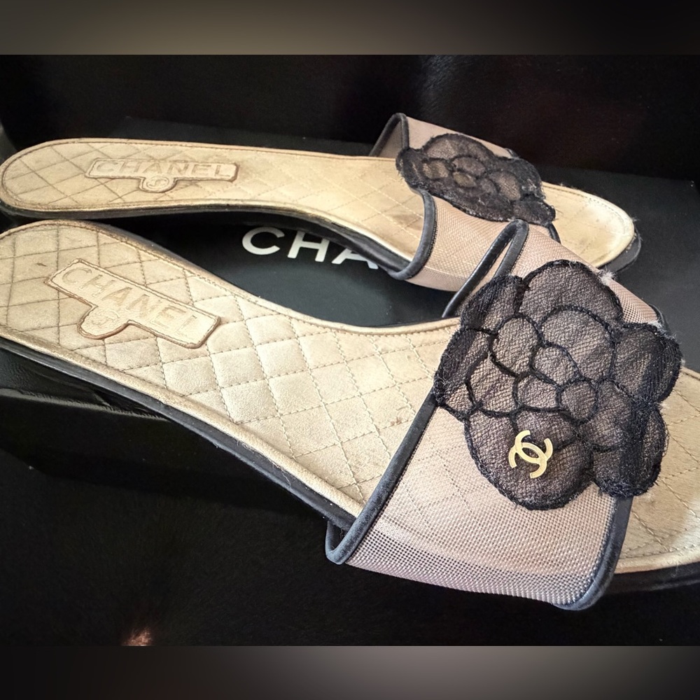 CHANEL Beige Slide Sandals with Black Camellia and CC Accent